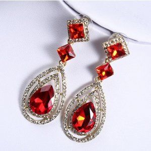 2.25" gold tone teardrop vintage style red prom wedding pageant earrings jewlery